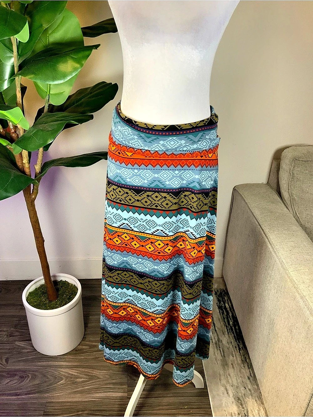 LuluRoe Maxi Skirt Geometric in Blue & Orange Size Small Like New